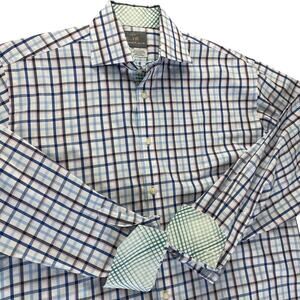 Thomas Dean Windowpane Plaid Flip Cuff Dress Shirt Men L Blue Green Button Up